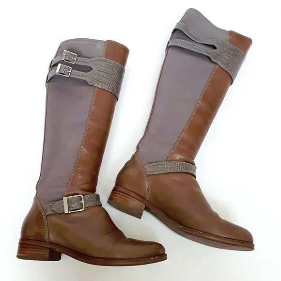 COLE & HAAN Tennley Knee High Buckle Boot in Ironstone Brown & Gray Leather - Picture 1 of 14